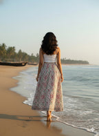 Off-White Floral Handcrafted Cotton Tiered Maxi  Skirt – Smocked Waist Boho Skirt