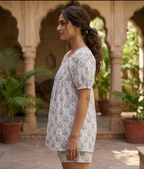 Blue Botanical Cotton Two-Piece Set - Puff Sleeve Top & Pajama Shorts