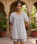 Blue Botanical Cotton Two-Piece Set - Puff Sleeve Top & Pajama Shorts