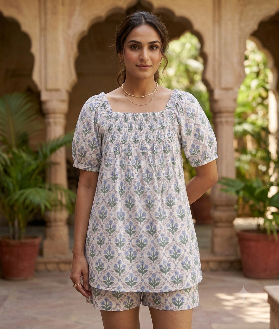 Blue Botanical Cotton Two-Piece Set - Puff Sleeve Top & Pajama Shorts