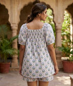 Blue Botanical Cotton Two-Piece Set - Puff Sleeve Top & Pajama Shorts