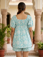 Blue Floral Cotton Short Set - Smocked Puff Sleeve Top & Pajama Shorts