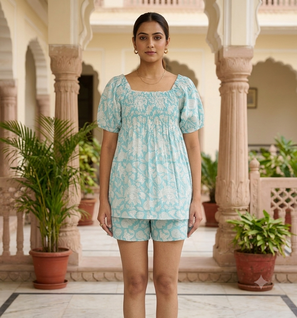 Blue Floral Cotton Short Set - Smocked Puff Sleeve Top & Pajama Shorts