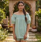 Green Gingham Cotton Sleep Set - Puff Sleeve Top & Lounge Shorts