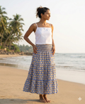Blue & Mustard Floral Printed Cotton Tiered Maxi Skirt