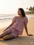 Dusty Rose Hand Block Print Cotton Pajama Set for Women - Smocked Puff Sleeve Top & Lounge Shorts