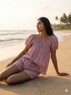 Dusty Rose Hand Block Print Cotton Pajama Set for Women - Smocked Puff Sleeve Top & Lounge Shorts