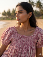 Dusty Rose Hand Block Print Cotton Pajama Set for Women - Smocked Puff Sleeve Top & Lounge Shorts