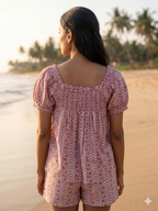 Dusty Rose Hand Block Print Cotton Pajama Set for Women - Smocked Puff Sleeve Top & Lounge Shorts