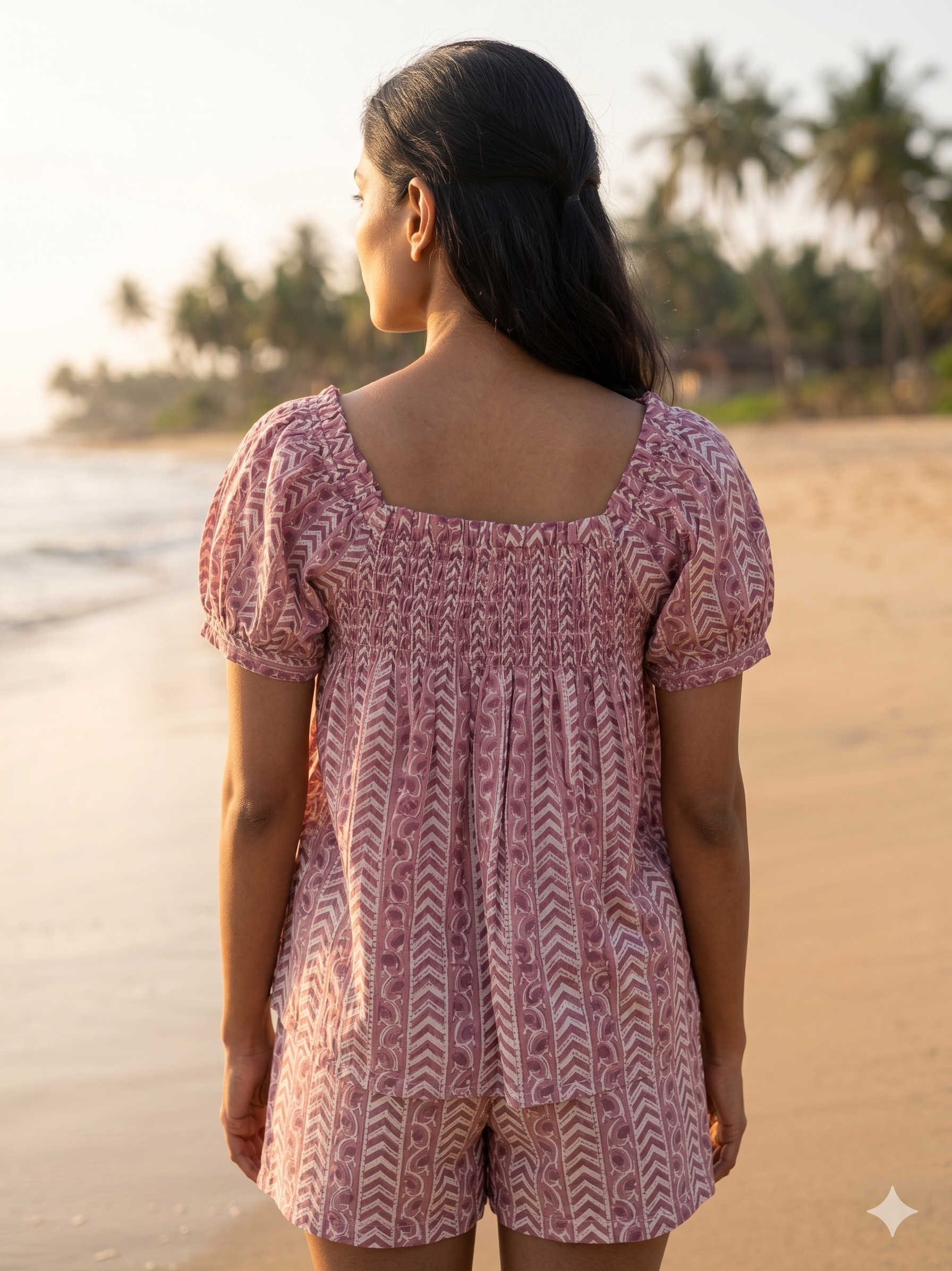 Dusty Rose Hand Block Print Cotton Pajama Set for Women - Smocked Puff Sleeve Top & Lounge Shorts