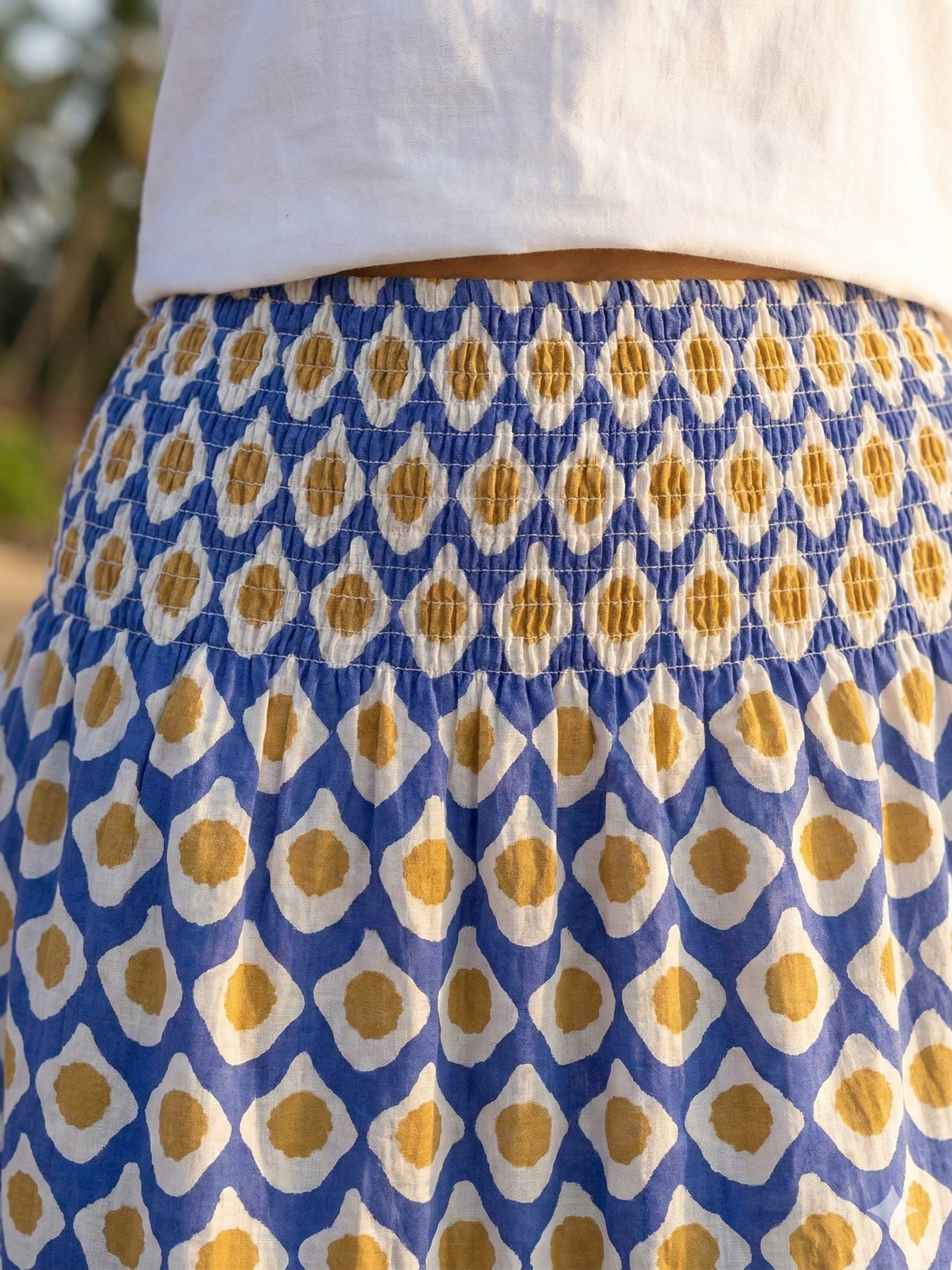 Blue & Mustard Floral Printed Cotton Tiered Maxi Skirt