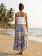 Blue & Mustard Floral Printed Cotton Tiered Maxi Skirt