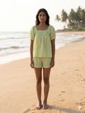 Green Gingham Cotton Lounge Set - Smocked Square Neck Top & Pajama Short