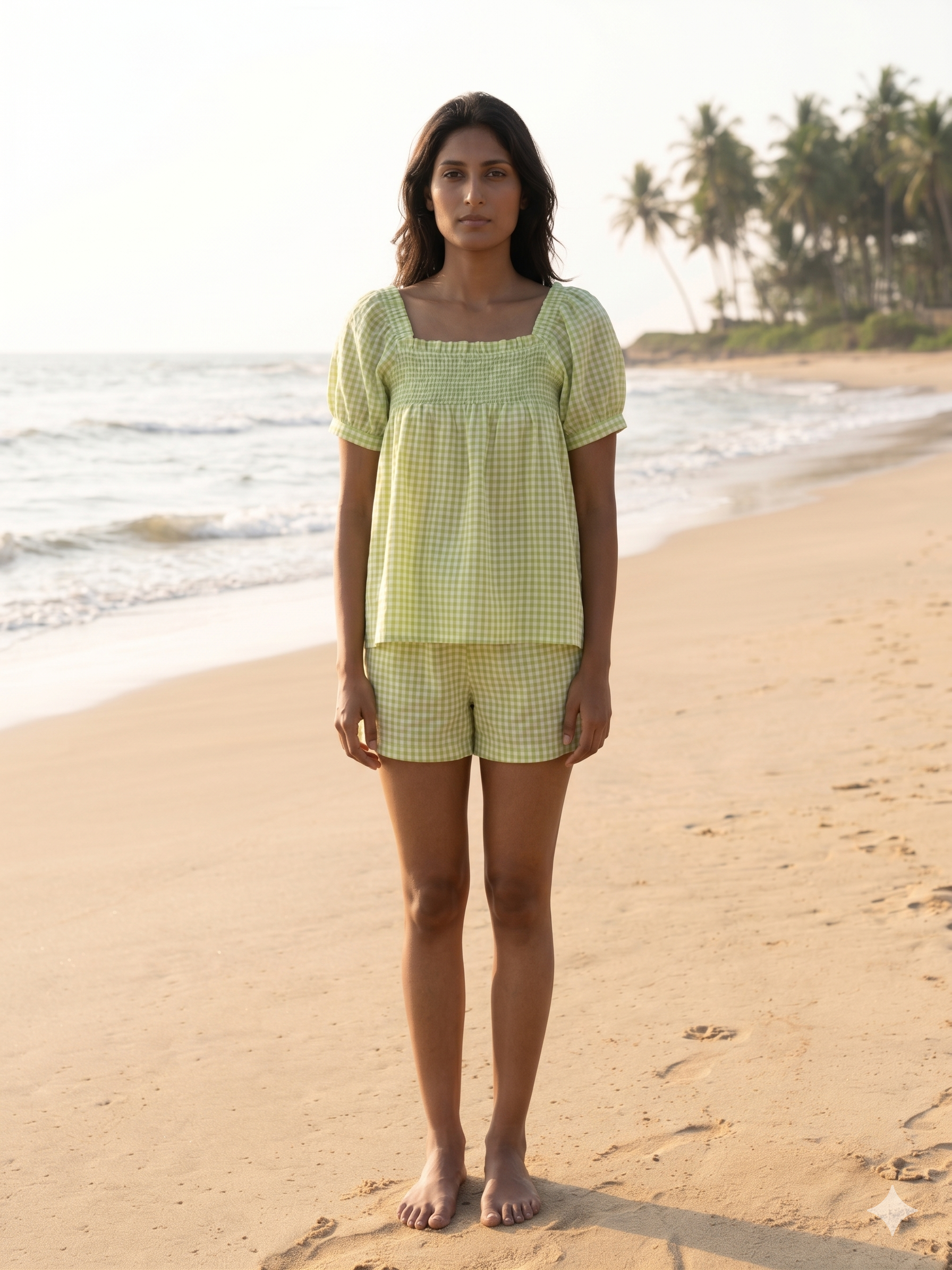 Green Gingham Cotton Lounge Set - Smocked Square Neck Top & Pajama Short