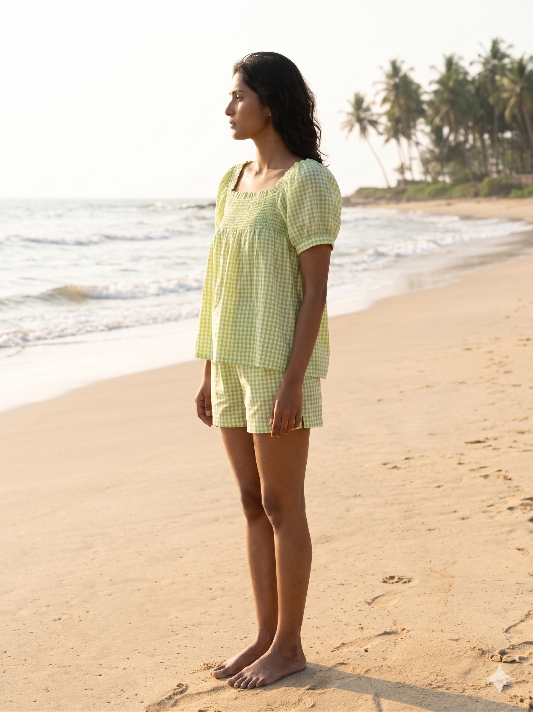 Green Gingham Cotton Lounge Set - Smocked Square Neck Top & Pajama Short