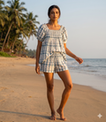 Blue Floral Cotton Lounge Set | Smocked Square Neck Top & Pajama Shorts
