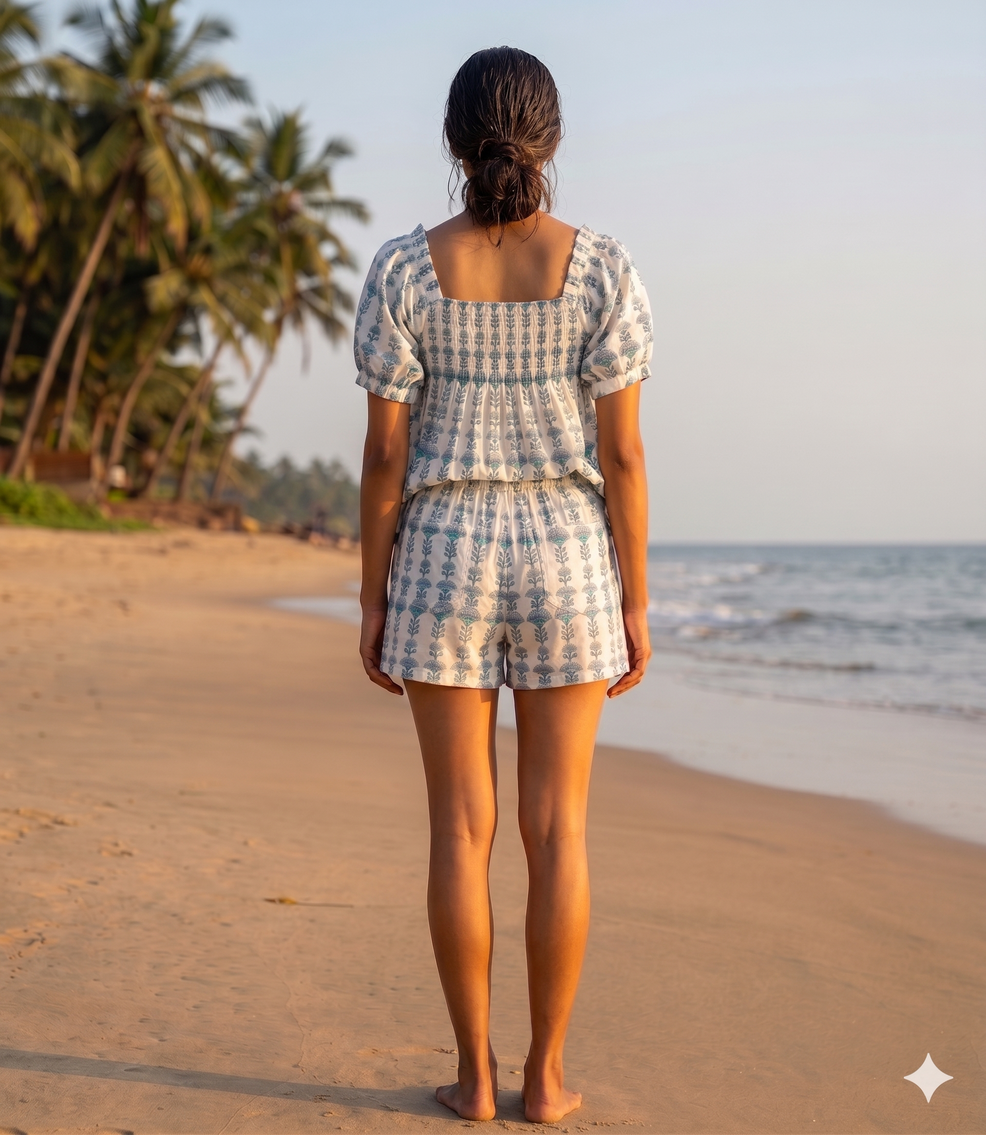 Blue Floral Cotton Lounge Set | Smocked Square Neck Top & Pajama Shorts