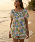 Pastel Floral Cotton Co-Ord Set - Women's Lounge Top & Sleep Shorts