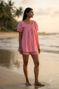 Pink Check Cotton Lounge Set - Smocked Square Neck Top & Pajama Shorts