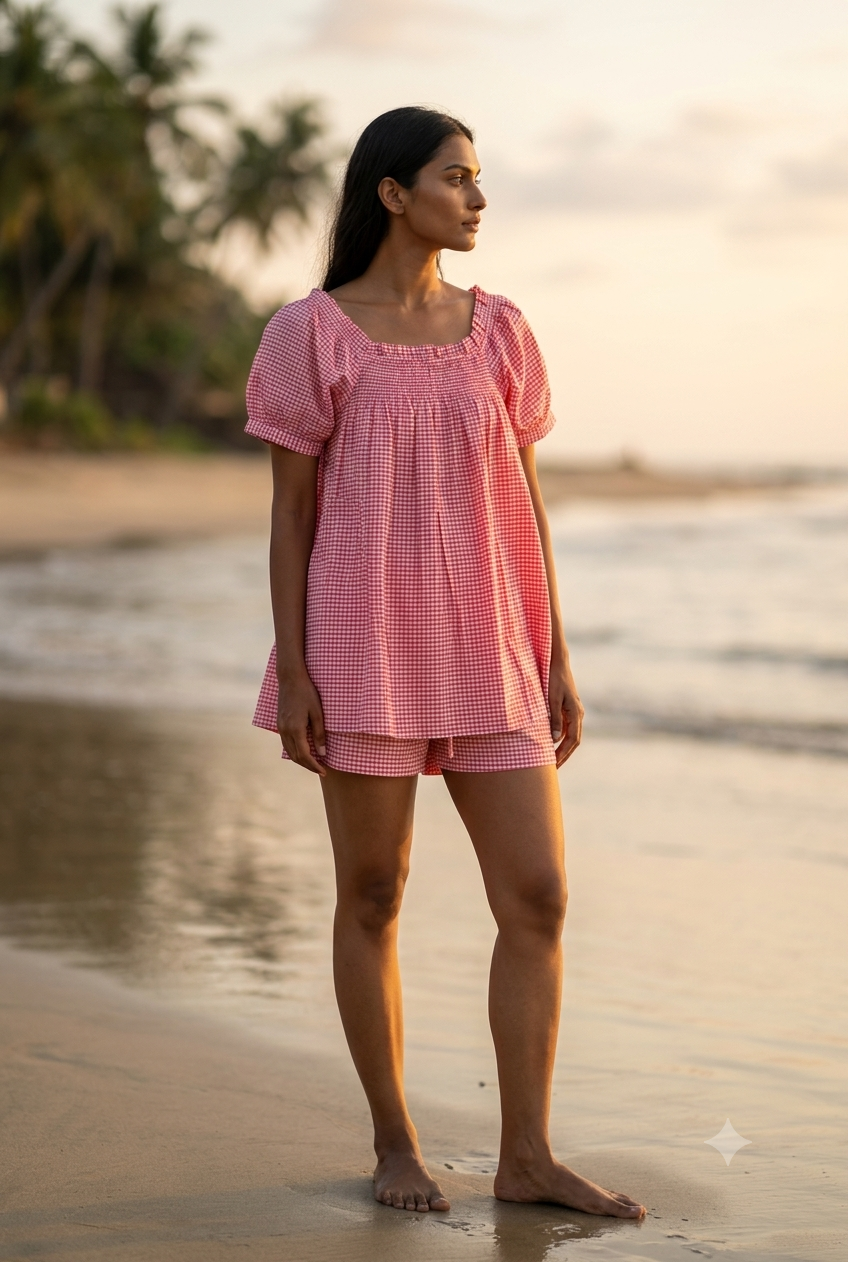 Pink Check Cotton Lounge Set - Smocked Square Neck Top & Pajama Shorts