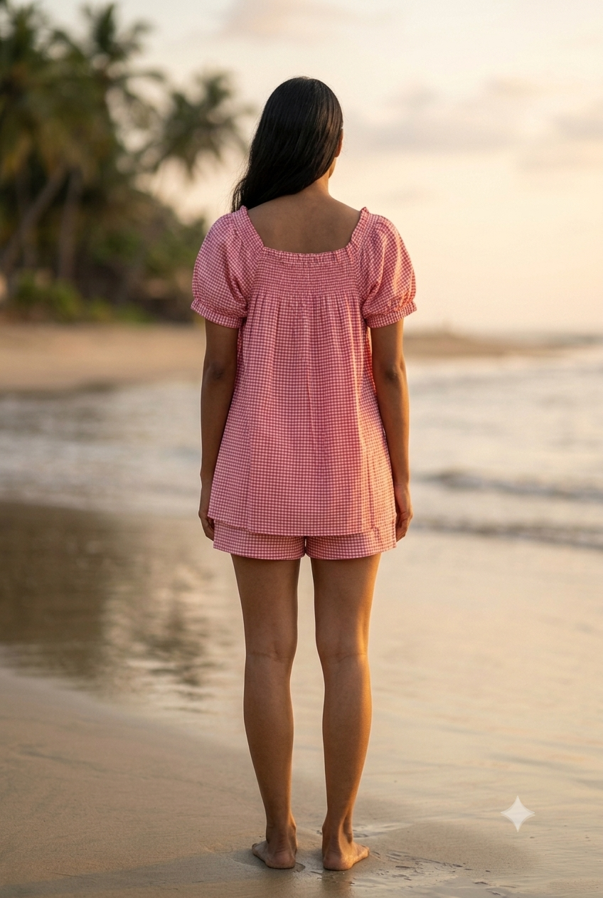 Pink Check Cotton Lounge Set - Smocked Square Neck Top & Pajama Shorts