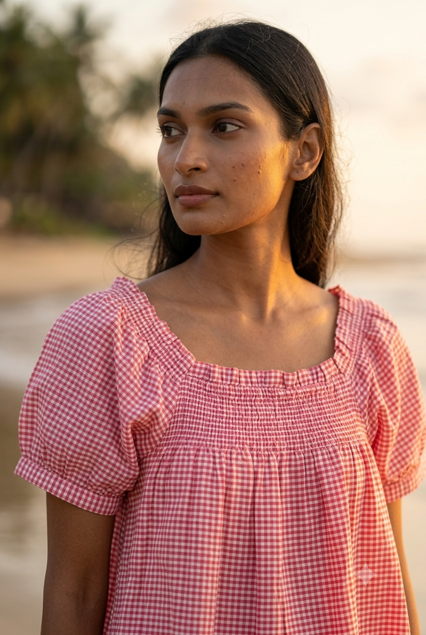 Pink Check Cotton Lounge Set - Smocked Square Neck Top & Pajama Shorts