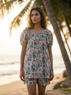 Blue & Rust Floral Cotton Pajama Set - Puff Sleeve Top & Lounge Shorts