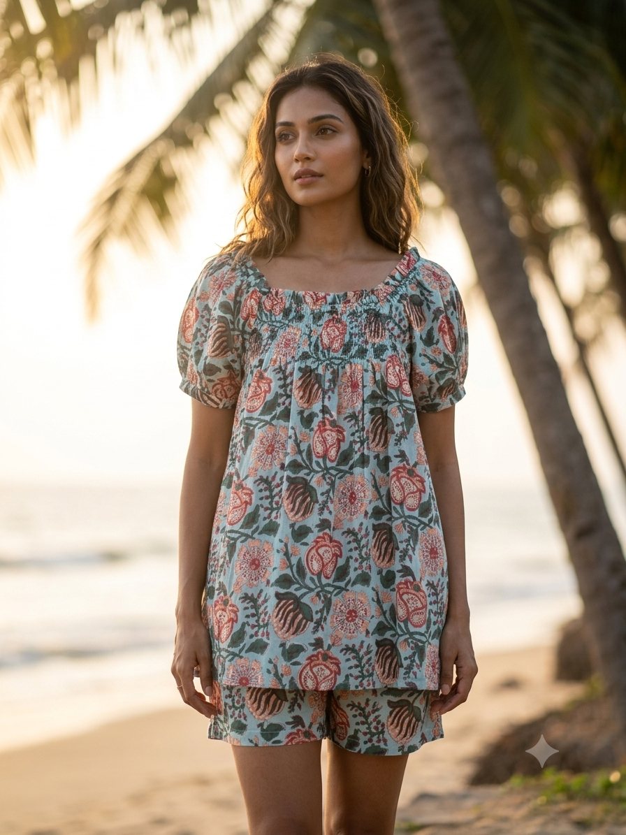 Blue & Rust Floral Cotton Pajama Set - Puff Sleeve Top & Lounge Shorts