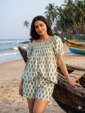 Cream & Blue Floral Cotton Pajama Set | Puff Sleeve Top & Lounge Shorts