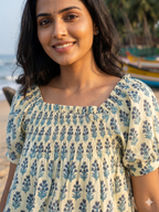 Cream & Blue Floral Cotton Pajama Set | Puff Sleeve Top & Lounge Shorts