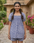 Blue Floral Cotton Sleep Set - Puff Sleeve Top & Lounge Shorts