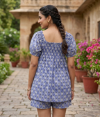 Blue Floral Cotton Sleep Set - Puff Sleeve Top & Lounge Shorts