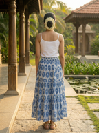 Indigo Buta Hand Block Printed Cotton Maxi Skirt – Smocked Waist Tiered Skirt