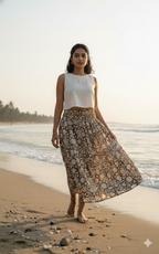 Brown & Beige Floral Hand-Block Print Full-Length Tiered Skirt