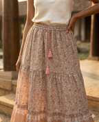 Beige Floral Screen Print Cotton Maxi Skirt – Boho Tiered Summer Skirt