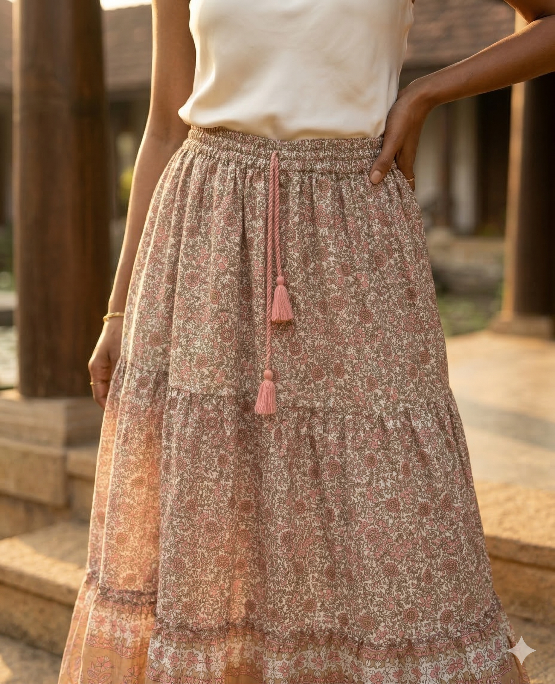 Beige Floral Screen Print Cotton Maxi Skirt – Boho Tiered Summer Skirt