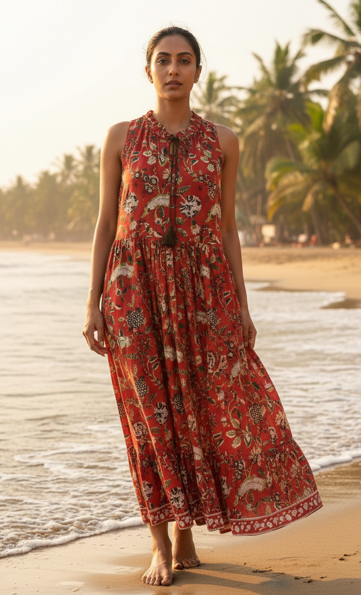 Rimson Floral Hand-Block Cotton Dress with Ruffled Hem