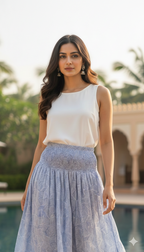 Blue Printed Cotton A-Line Full-Length Skirt with Smocked Waistband