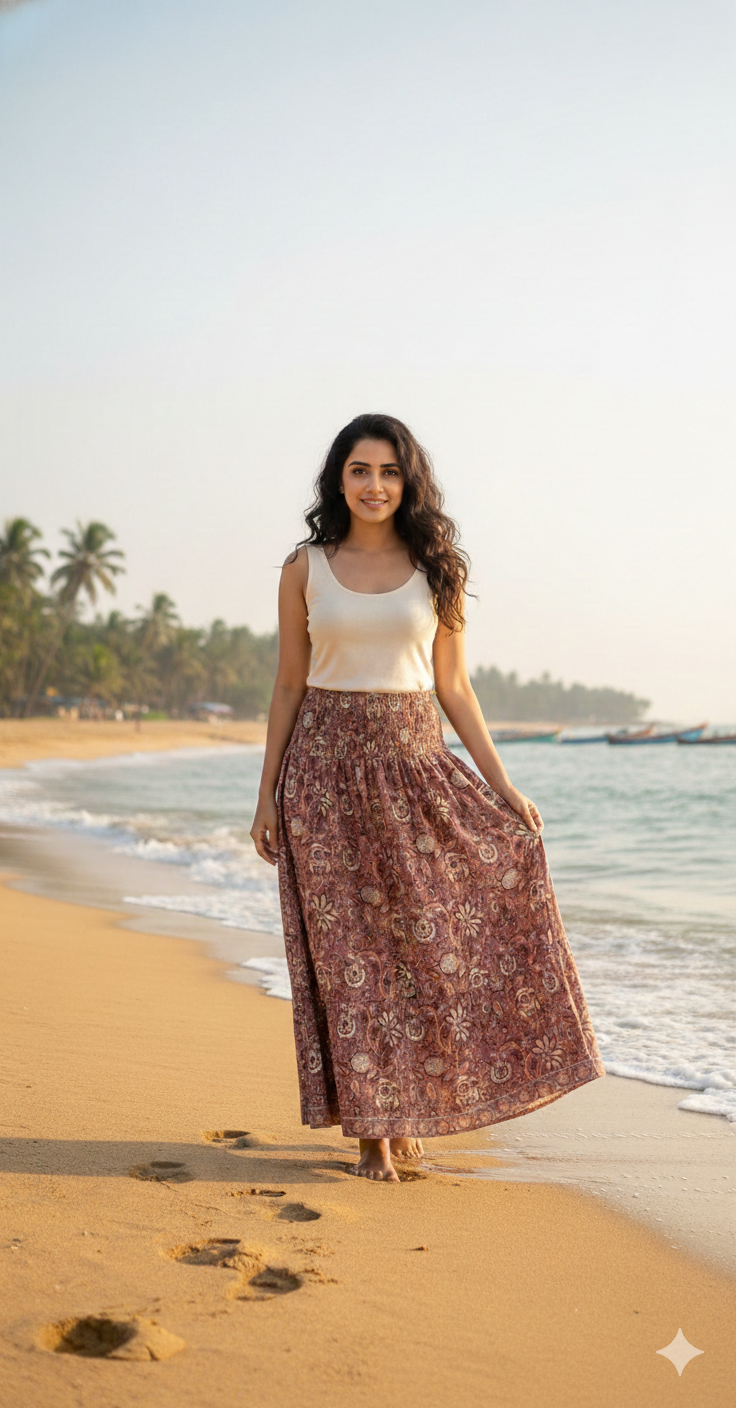 Dusty Rose Floral Hand Block Printed Cotton Maxi Skirt – Smocked Waist Tiered Skirt