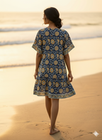 Artisan Indigo Sunflower Hand Block Printed Mini Dress