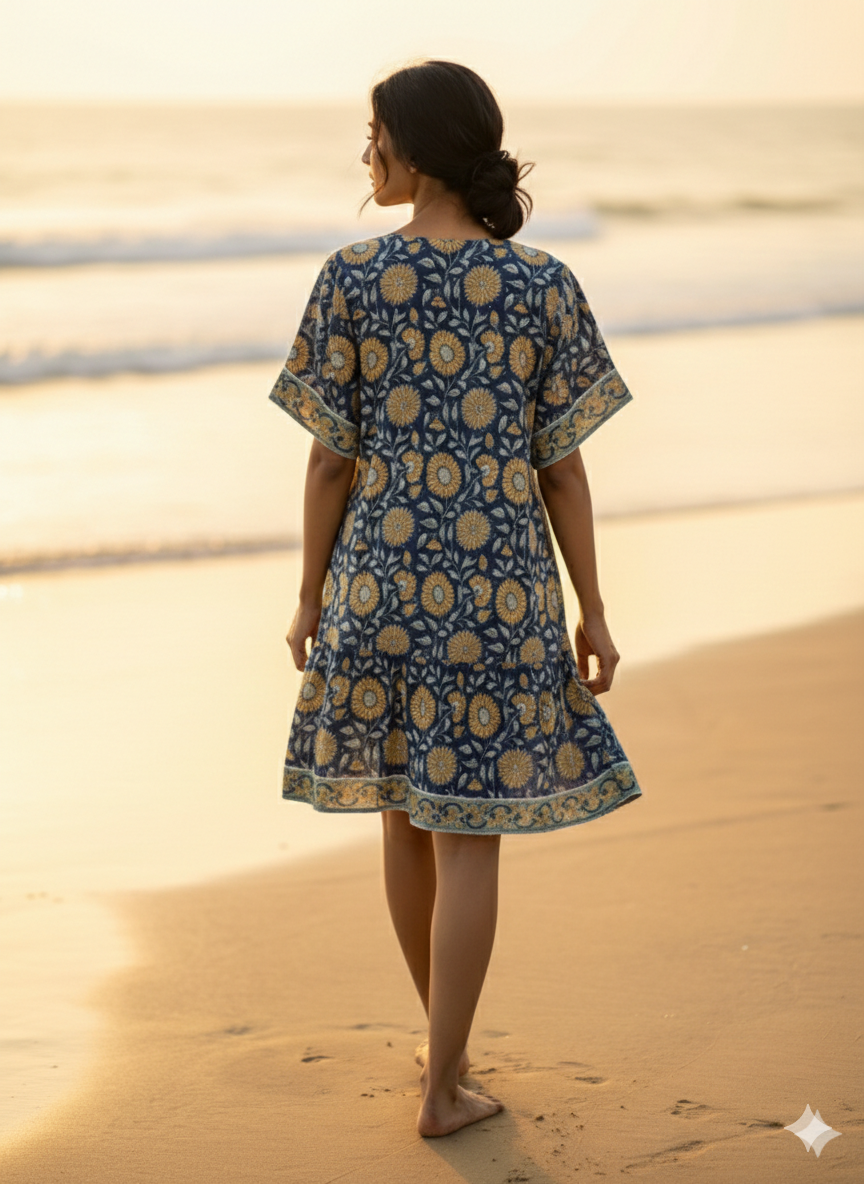 Artisan Indigo Sunflower Hand Block Printed Mini Dress