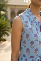Blue & Purple Floral Hand Block Printed Tiered Mini Dress
