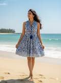 Artisanal Blue Floral Hand Block Stamped Cotton Mini Dress