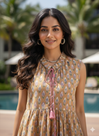 Mustard Yellow Hand-Block Printed Cotton Tiered Mini Dress with Tassels