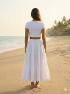White Cotton Schiffli Embroidered Tiered Maxi Skirt with Tassel Tie-Up