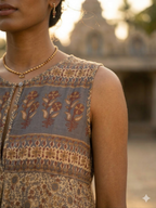 Earthy Floral Hand Screen Printed Cotton Maxi Dress with Border