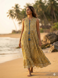 Golden Ochre Hand-Block Style Sleeveless Resort Dress