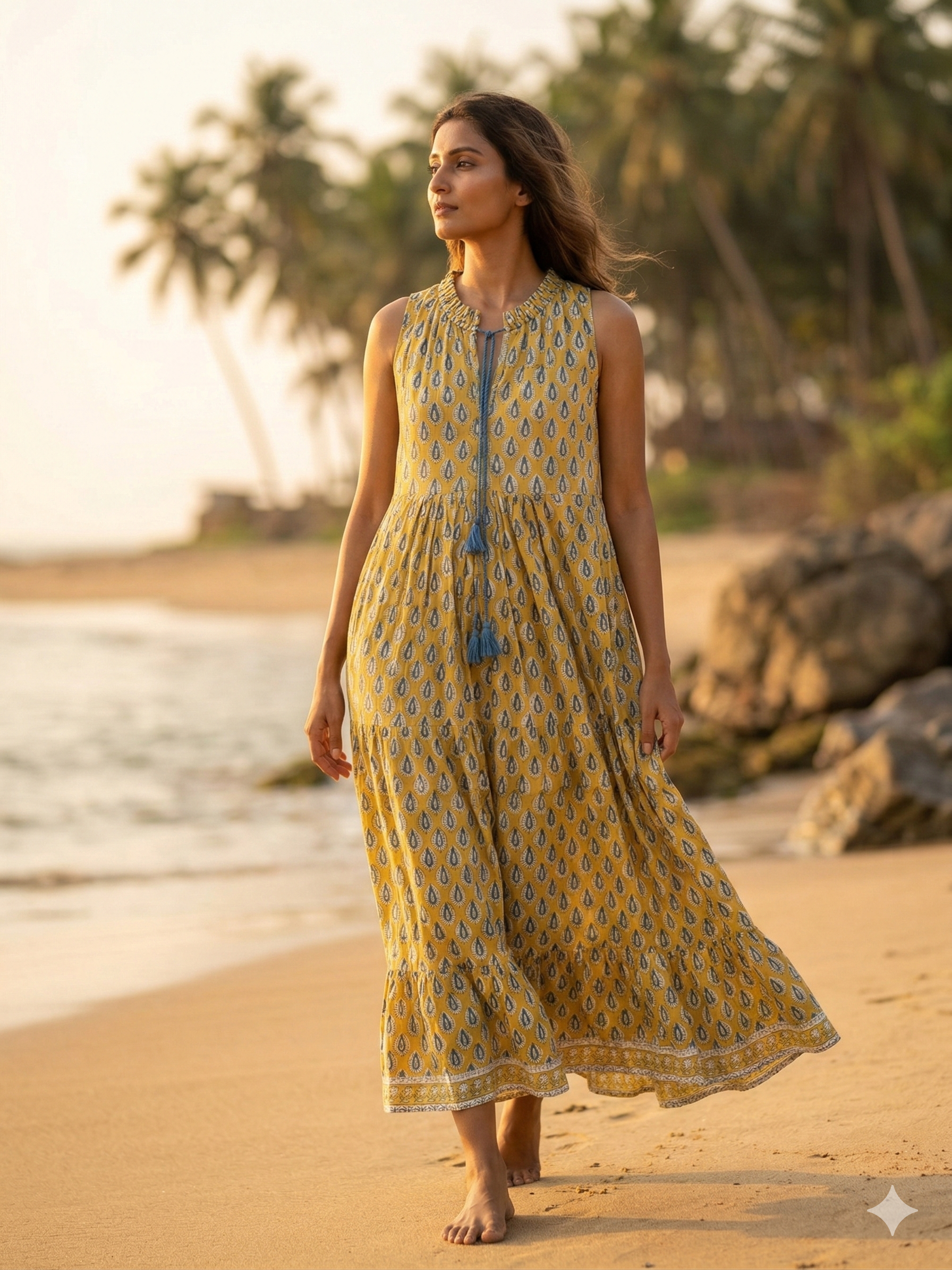 Golden Ochre Hand-Block Style Sleeveless Resort Dress