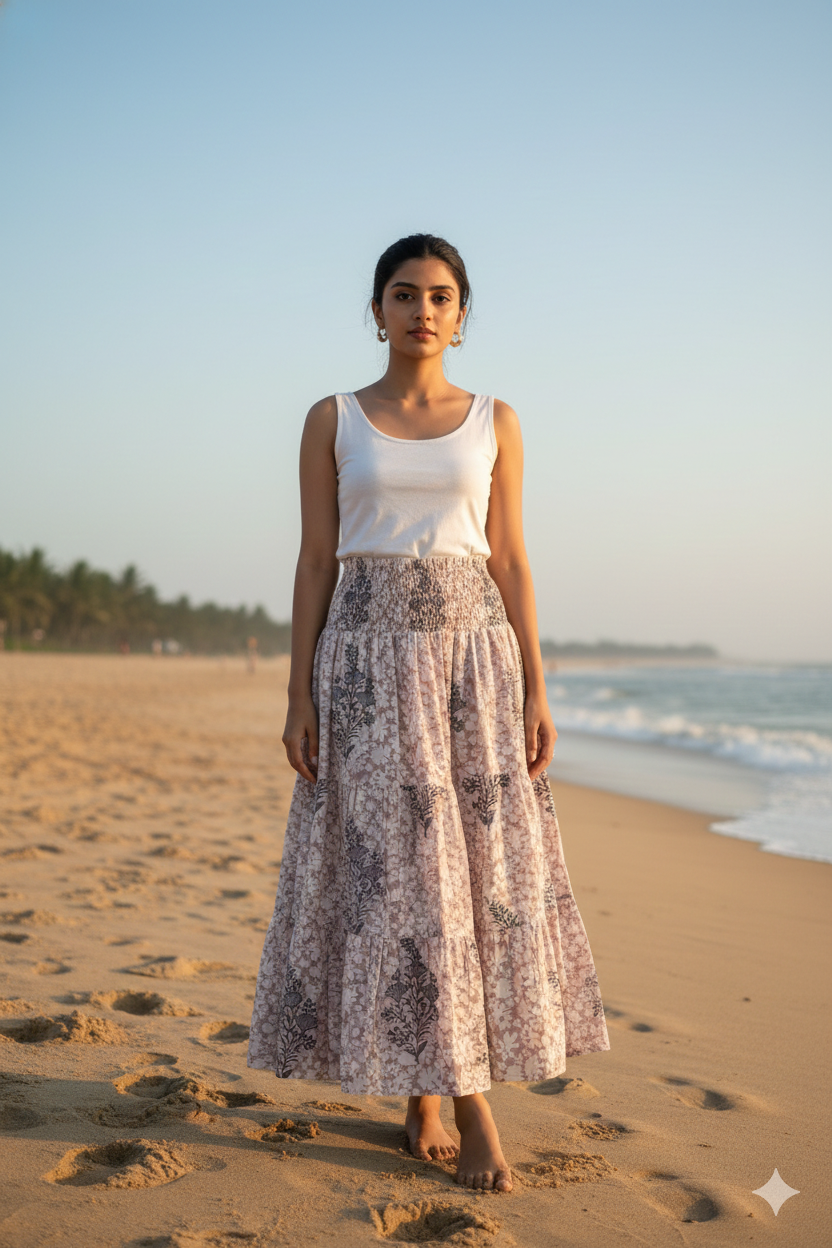 Blush Floral Hand Block Printed Cotton Maxi  Skirt – Smocked Waist Tiered Skirt