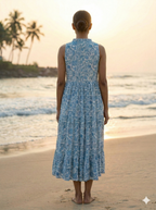 Indigo Blue Floral Hand Block Printed Cotton Tiered Maxi Dress